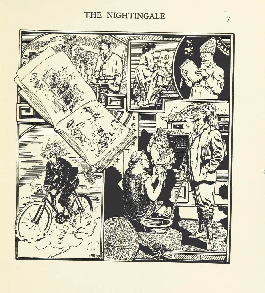 An illustration from The Nightingale. Dished up on China plates by R. André, 1899, leaf 11