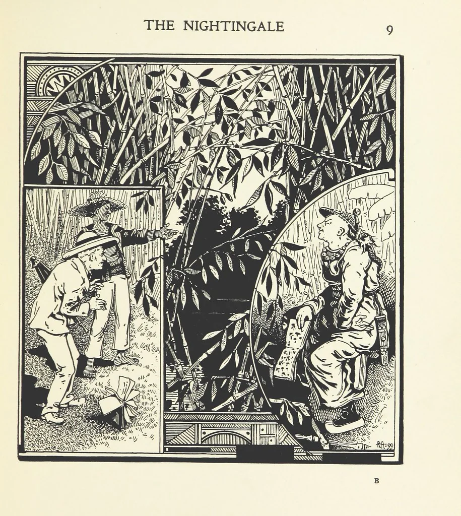 An illustration from The Nightingale. Dished up on China plates by R. André, 1899, leaf 13