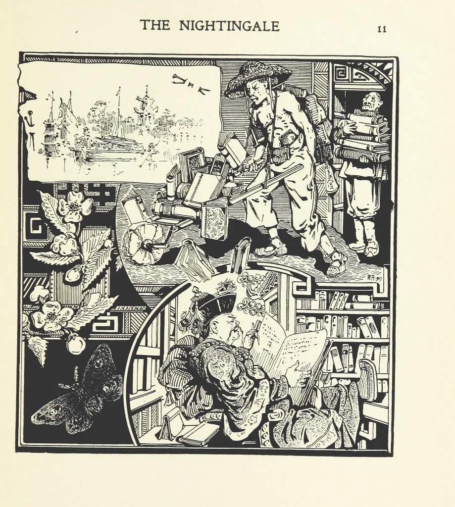 An illustration from The Nightingale. Dished up on China plates by R. André, 1899, leaf 15