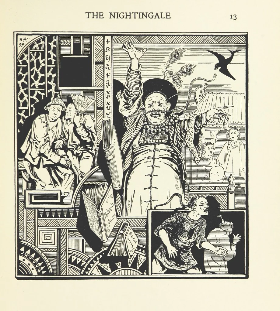 An illustration from The Nightingale. Dished up on China plates by R. André, 1899, leaf 17