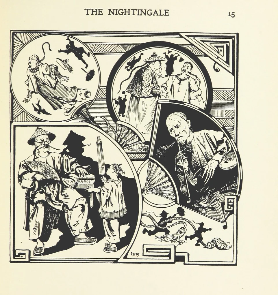 An illustration from The Nightingale. Dished up on China plates by R. André, 1899, leaf 19