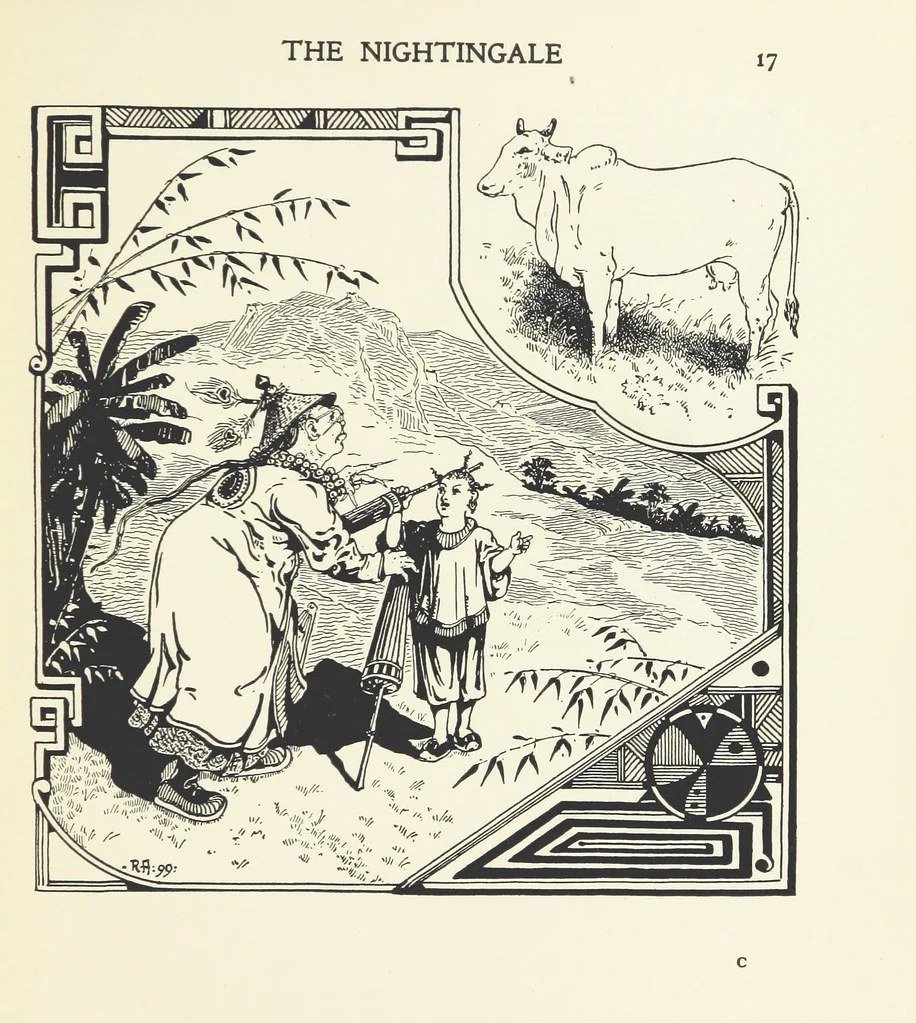 An illustration from The Nightingale. Dished up on China plates by R. André, 1899, leaf 21