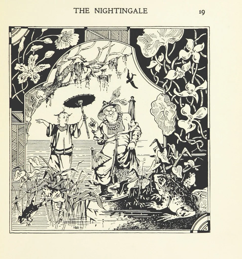 An illustration from The Nightingale. Dished up on China plates by R. André, 1899, leaf 23
