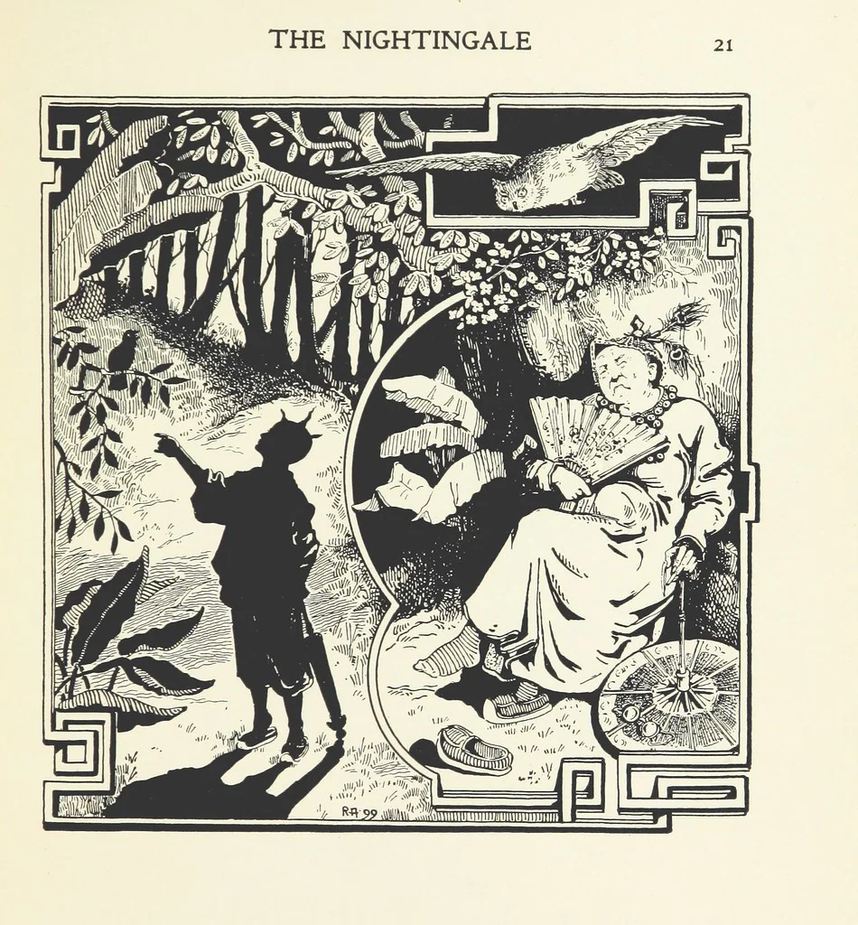 An illustration from The Nightingale. Dished up on China plates by R. André, 1899, leaf 25