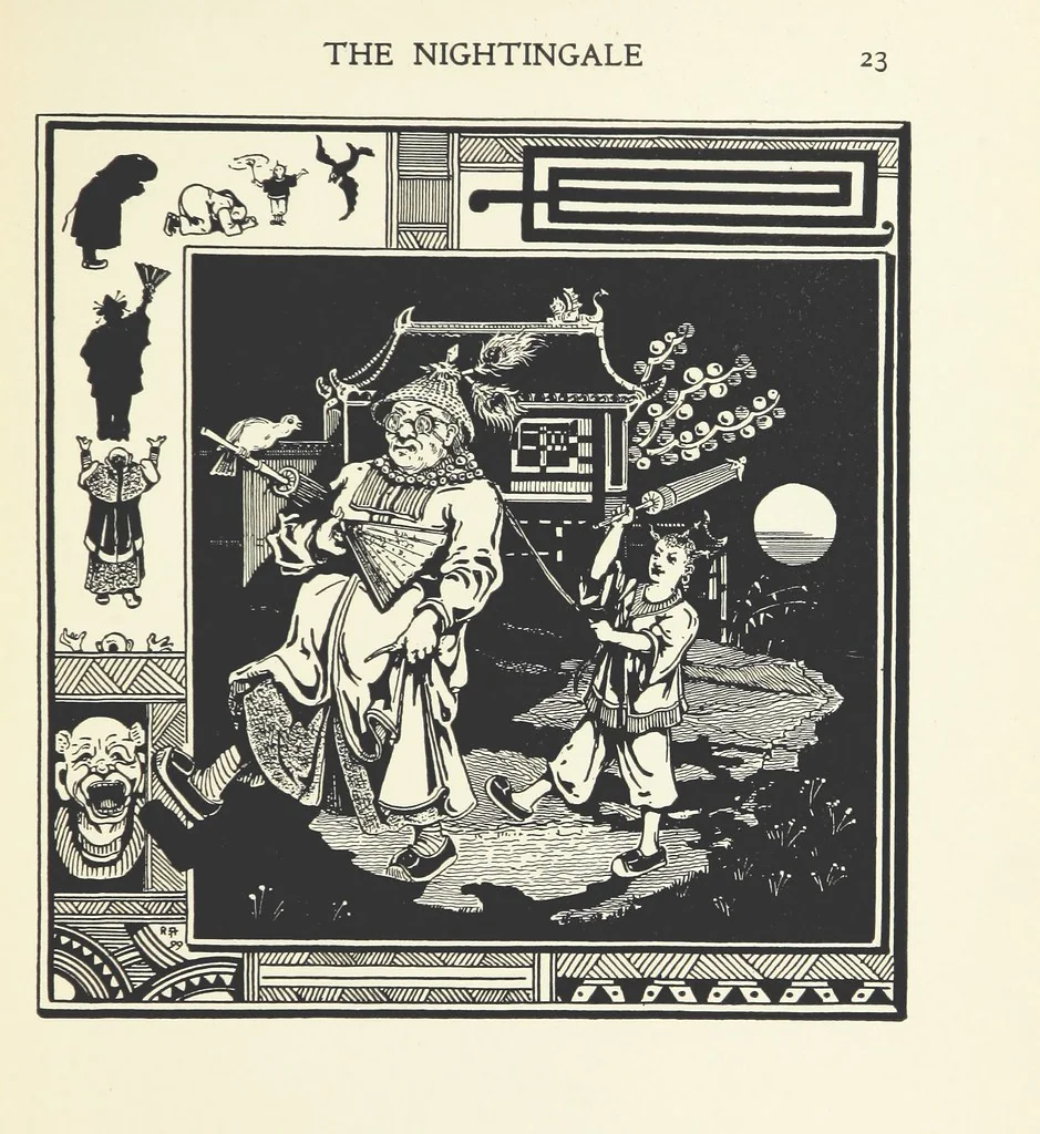 An illustration from The Nightingale. Dished up on China plates by R. André, 1899, leaf 27