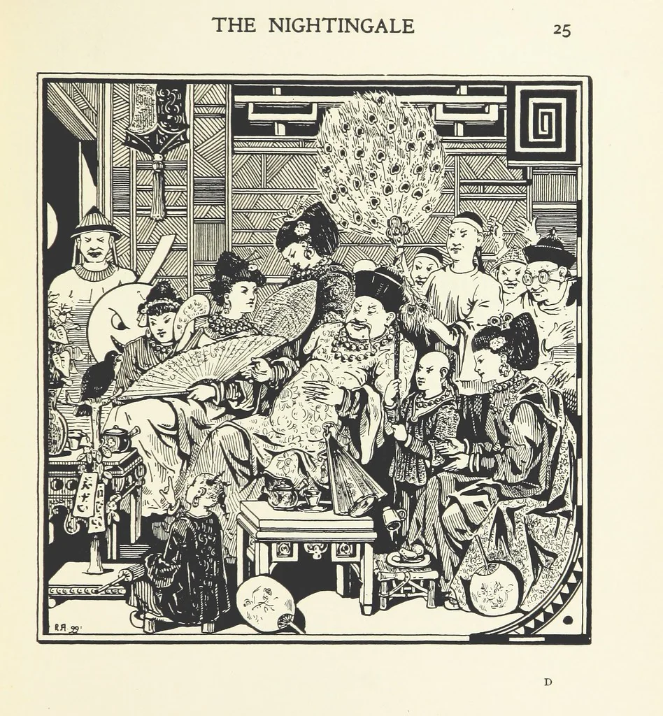 An illustration from The Nightingale. Dished up on China plates by R. André, 1899, leaf 29