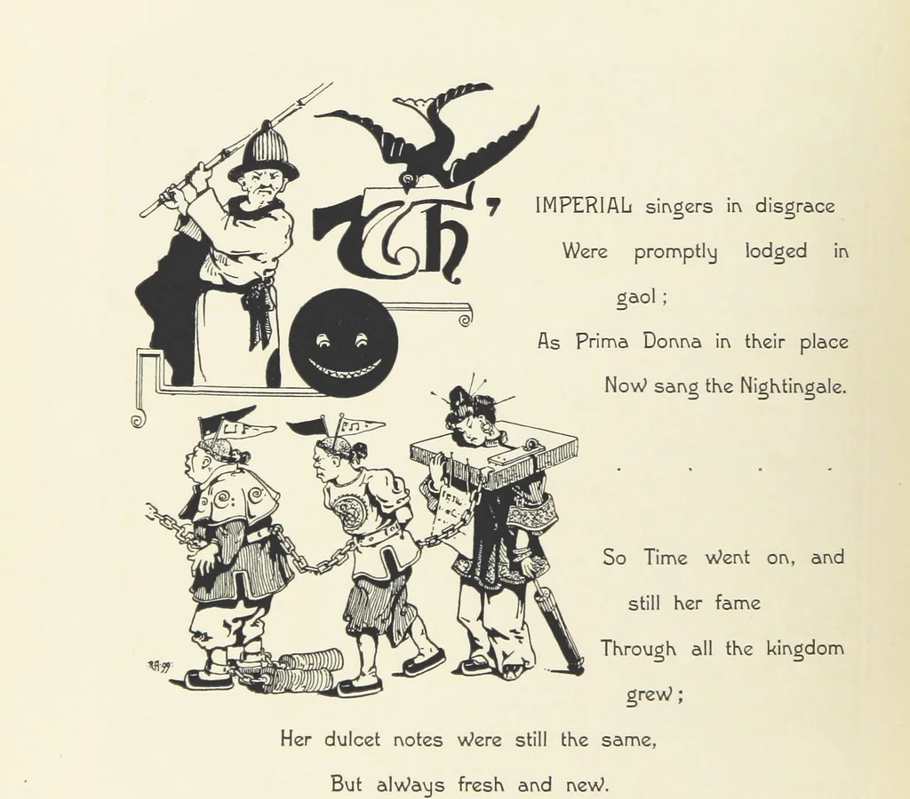 An illustration from The Nightingale. Dished up on China plates by R. André, 1899, leaf 30
