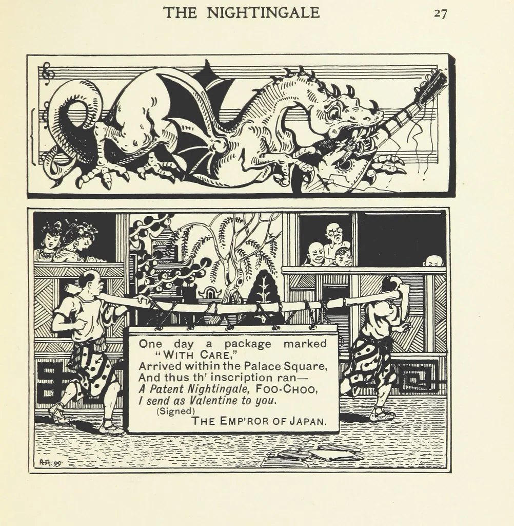 An illustration from The Nightingale. Dished up on China plates by R. André, 1899, leaf 31