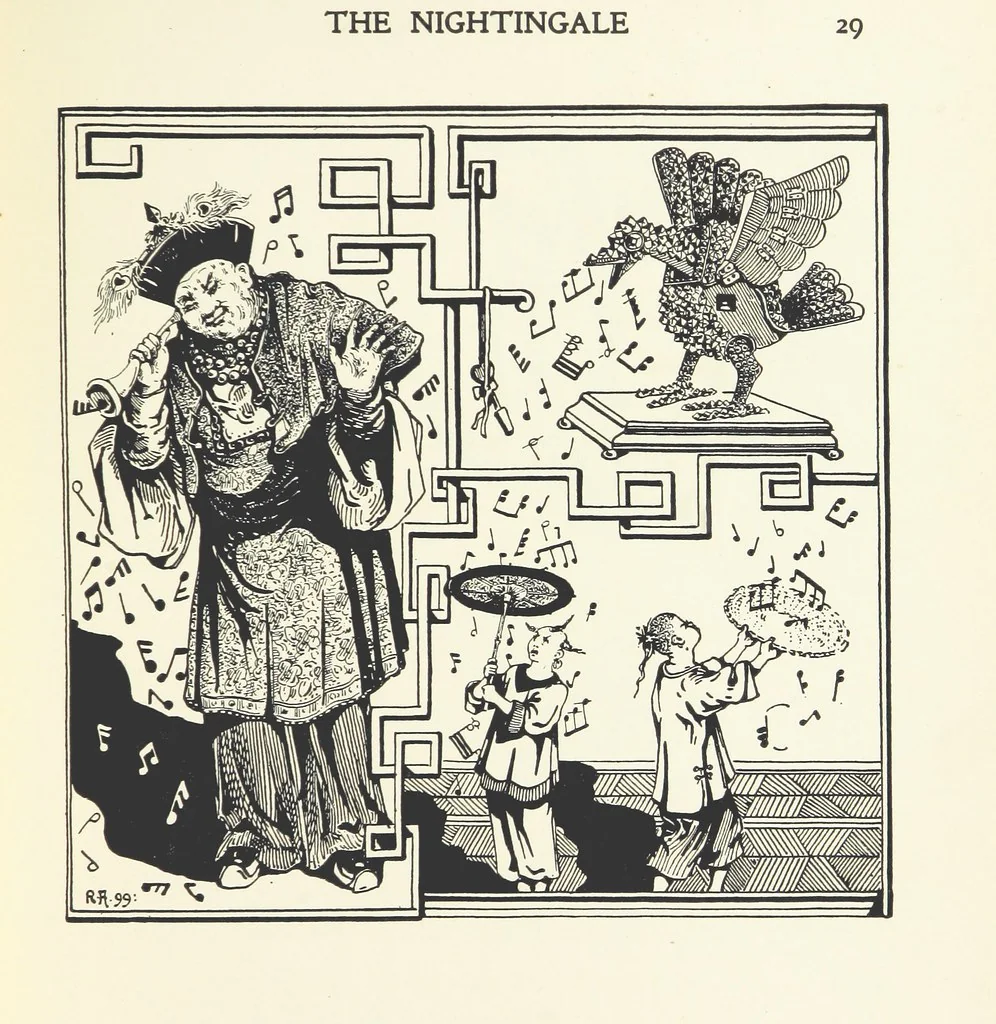 An illustration from The Nightingale. Dished up on China plates by R. André, 1899, leaf 33