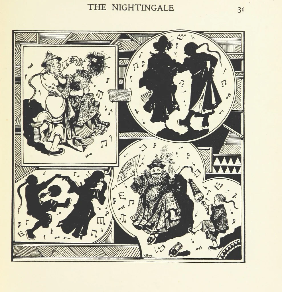 An illustration from The Nightingale. Dished up on China plates by R. André, 1899, leaf 35