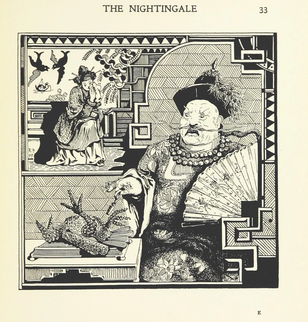 An illustration from The Nightingale. Dished up on China plates by R. André, 1899, leaf 37