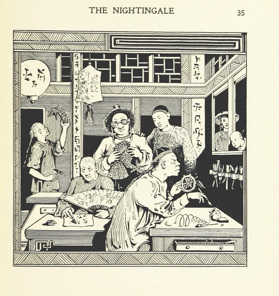 An illustration from The Nightingale. Dished up on China plates by R. André, 1899, leaf 39