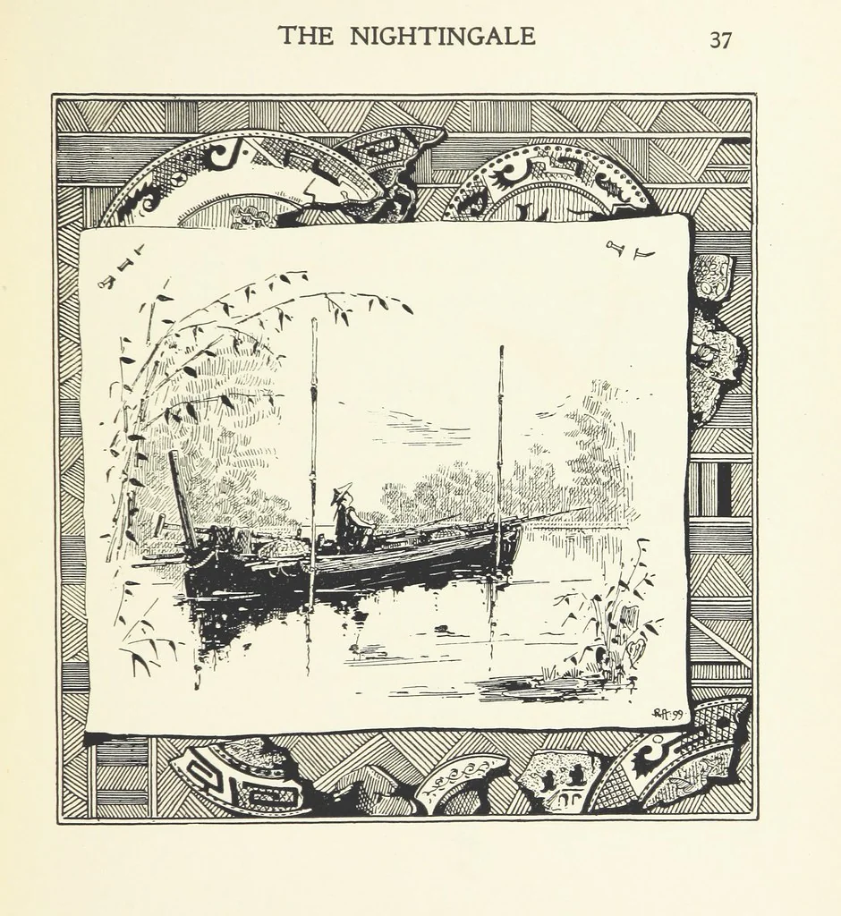An illustration from The Nightingale. Dished up on China plates by R. André, 1899, leaf 41