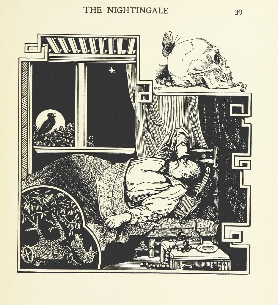 An illustration from The Nightingale. Dished up on China plates by R. André, 1899, leaf 43