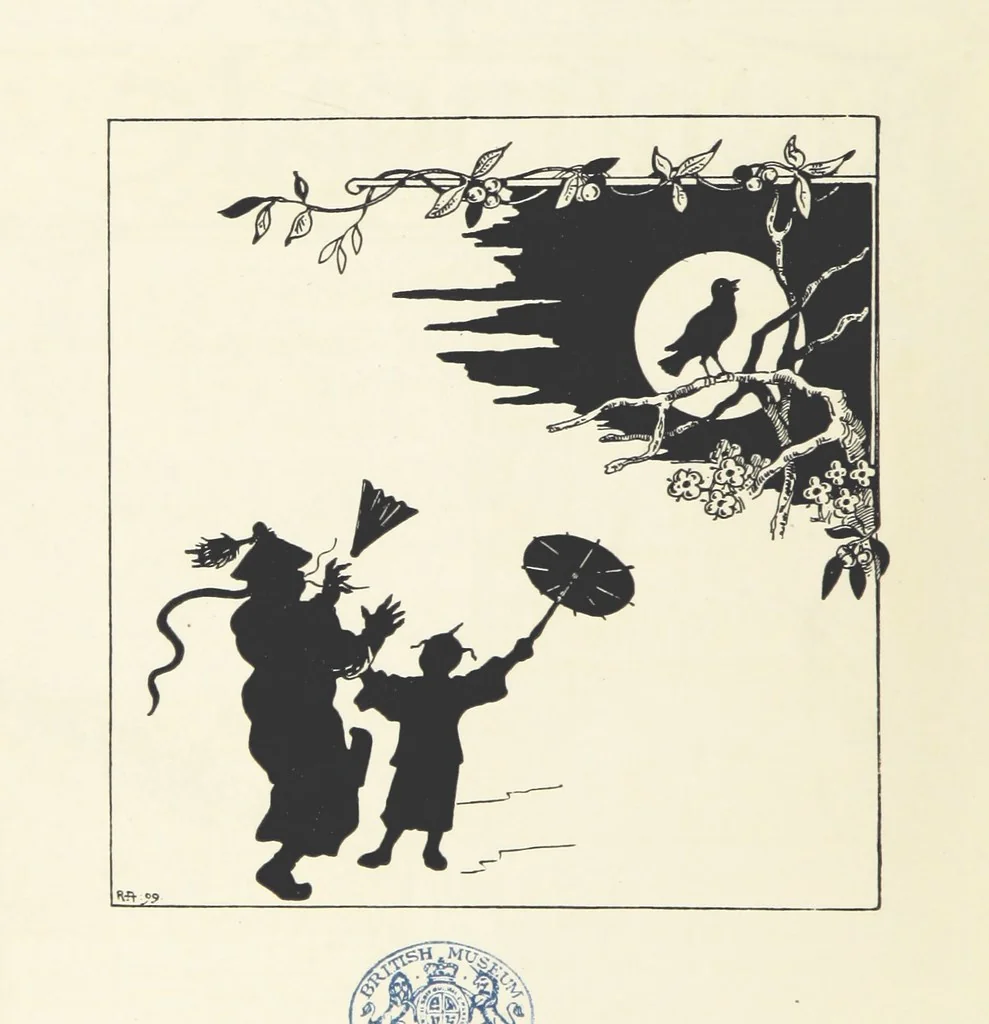An illustration from The Nightingale. Dished up on China plates by R. André, 1899, leaf 8