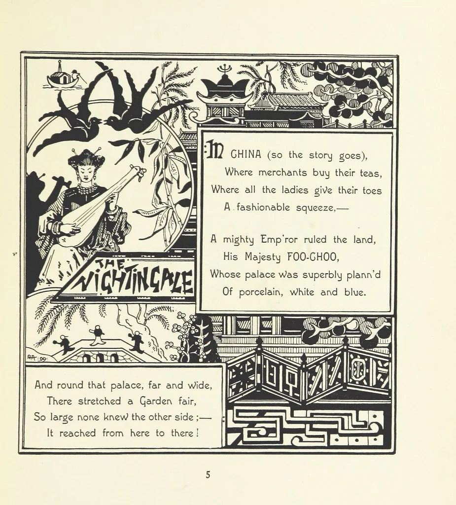 An illustration from The Nightingale. Dished up on China plates by R. André, 1899, leaf 9