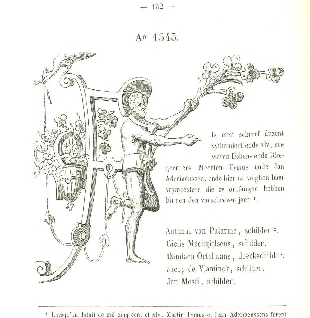 An illustration from De Liggeren en andere historische archieven der Antwerpsche Sint-Lucasgilde onder zinspreuk: “Wt Ionsten Versaemt,” afgeschreven en bewerkt door Ph. Rambouts en Th. van Lerius ... Les Liggeren et autres archives historiques, etc, 1864, leaf 176