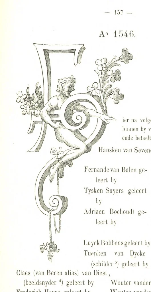 An illustration from De Liggeren en andere historische archieven der Antwerpsche Sint-Lucasgilde onder zinspreuk: “Wt Ionsten Versaemt,” afgeschreven en bewerkt door Ph. Rambouts en Th. van Lerius ... Les Liggeren et autres archives historiques, etc, 1864, leaf 181
