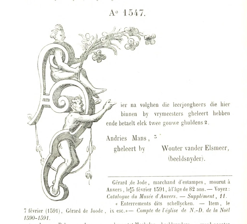 An illustration from De Liggeren en andere historische archieven der Antwerpsche Sint-Lucasgilde onder zinspreuk: “Wt Ionsten Versaemt,” afgeschreven en bewerkt door Ph. Rambouts en Th. van Lerius ... Les Liggeren et autres archives historiques, etc, 1864, leaf 184