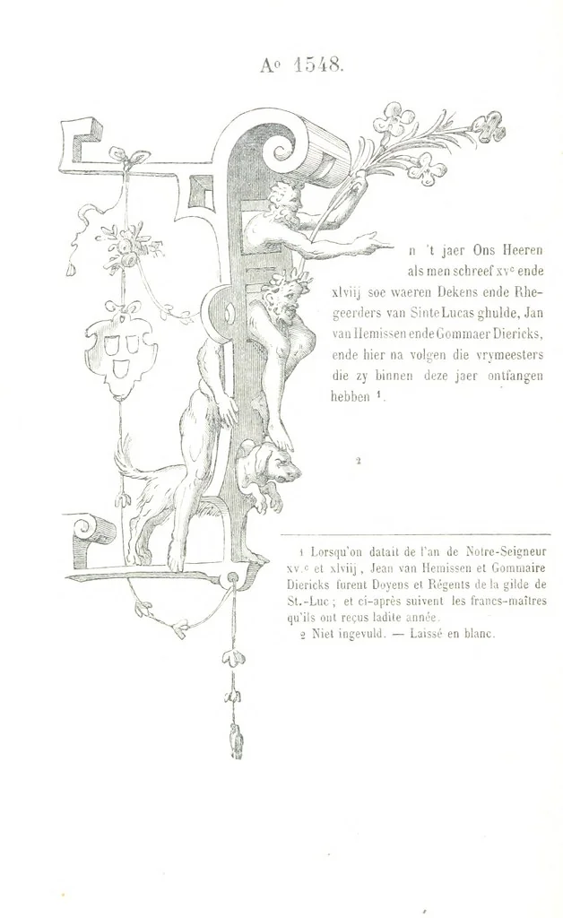 An illustration from De Liggeren en andere historische archieven der Antwerpsche Sint-Lucasgilde onder zinspreuk: “Wt Ionsten Versaemt,” afgeschreven en bewerkt door Ph. Rambouts en Th. van Lerius ... Les Liggeren et autres archives historiques, etc, 1864, leaf 186