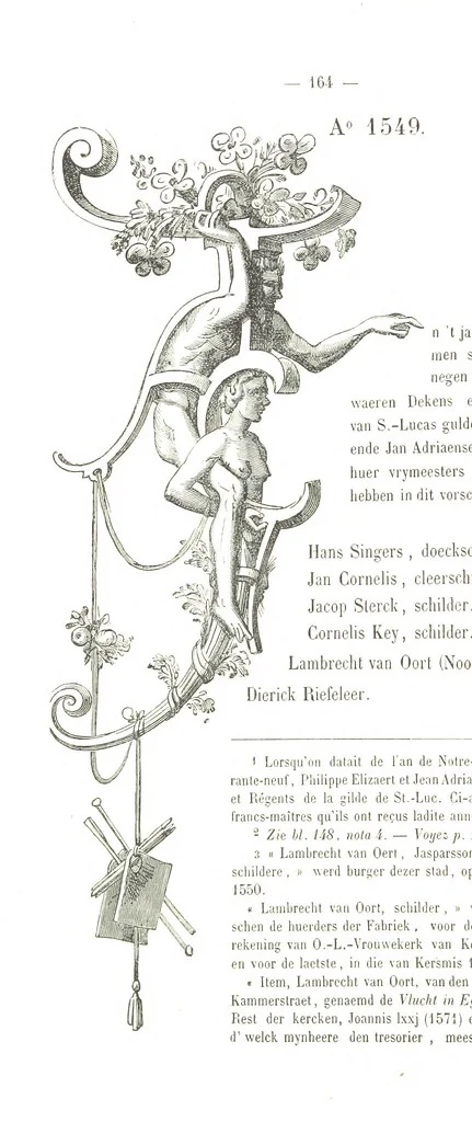 An illustration from De Liggeren en andere historische archieven der Antwerpsche Sint-Lucasgilde onder zinspreuk: “Wt Ionsten Versaemt,” afgeschreven en bewerkt door Ph. Rambouts en Th. van Lerius ... Les Liggeren et autres archives historiques, etc, 1864, leaf 188