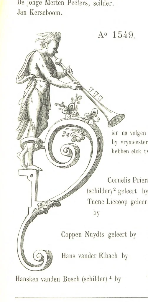 An illustration from De Liggeren en andere historische archieven der Antwerpsche Sint-Lucasgilde onder zinspreuk: “Wt Ionsten Versaemt,” afgeschreven en bewerkt door Ph. Rambouts en Th. van Lerius ... Les Liggeren et autres archives historiques, etc, 1864, leaf 191