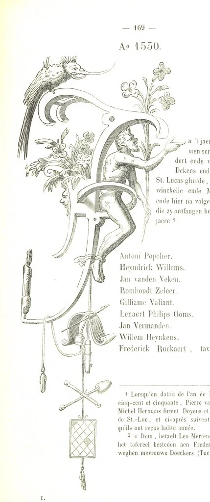 An illustration from De Liggeren en andere historische archieven der Antwerpsche Sint-Lucasgilde onder zinspreuk: “Wt Ionsten Versaemt,” afgeschreven en bewerkt door Ph. Rambouts en Th. van Lerius ... Les Liggeren et autres archives historiques, etc, 1864, leaf 193