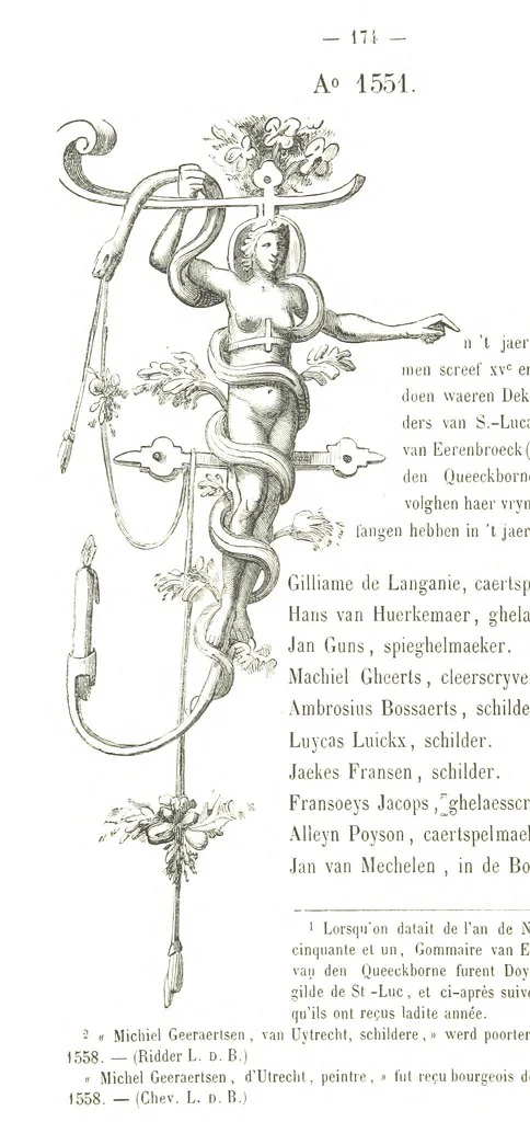 An illustration from De Liggeren en andere historische archieven der Antwerpsche Sint-Lucasgilde onder zinspreuk: “Wt Ionsten Versaemt,” afgeschreven en bewerkt door Ph. Rambouts en Th. van Lerius ... Les Liggeren et autres archives historiques, etc, 1864, leaf 198
