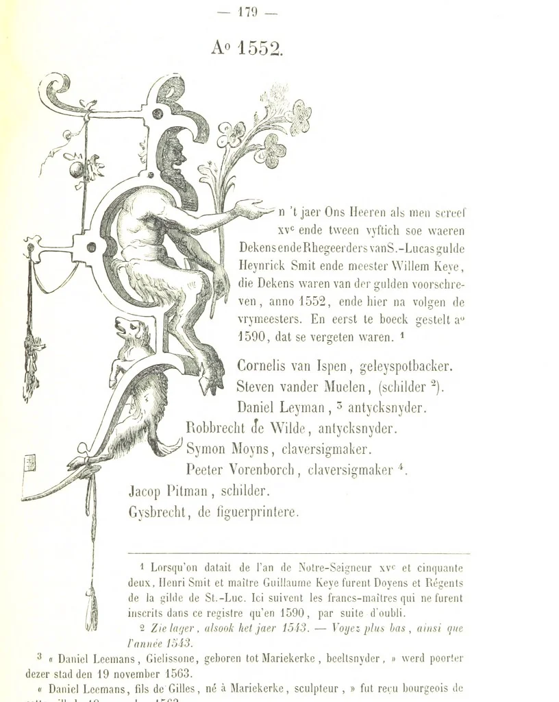 An illustration from De Liggeren en andere historische archieven der Antwerpsche Sint-Lucasgilde onder zinspreuk: “Wt Ionsten Versaemt,” afgeschreven en bewerkt door Ph. Rambouts en Th. van Lerius ... Les Liggeren et autres archives historiques, etc, 1864, leaf 203
