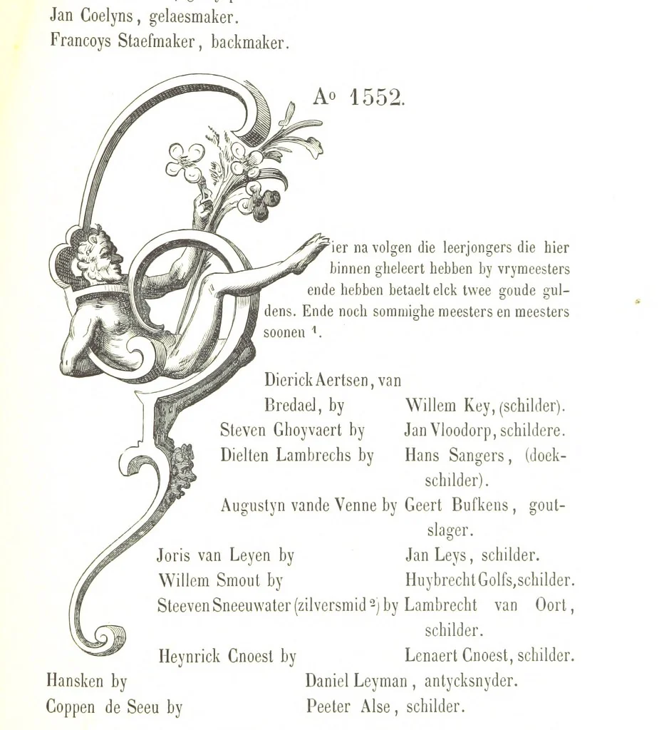 An illustration from De Liggeren en andere historische archieven der Antwerpsche Sint-Lucasgilde onder zinspreuk: “Wt Ionsten Versaemt,” afgeschreven en bewerkt door Ph. Rambouts en Th. van Lerius ... Les Liggeren et autres archives historiques, etc, 1864, leaf 205