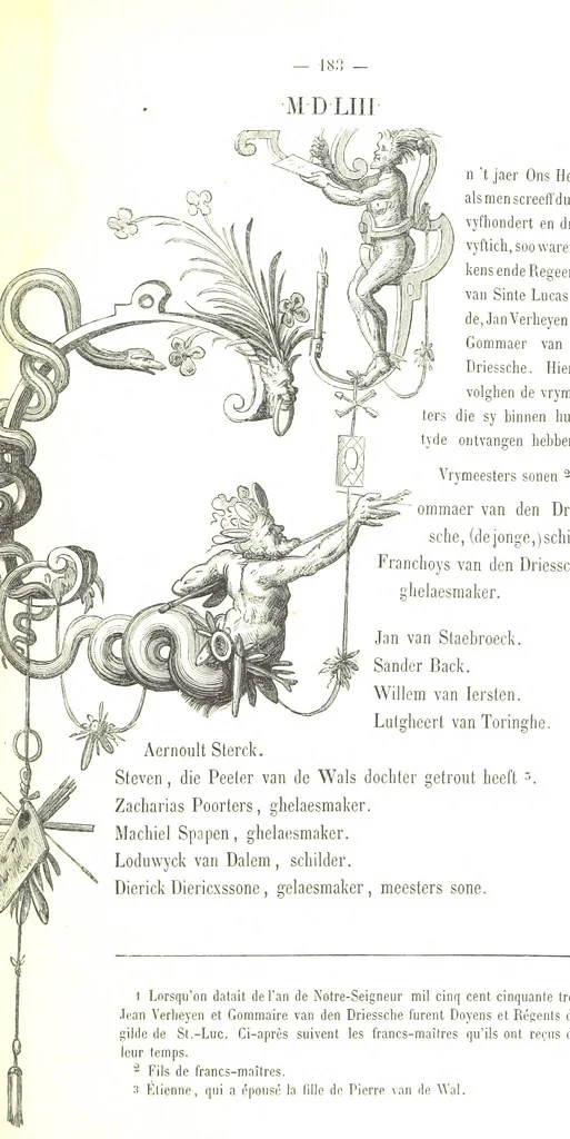 An illustration from De Liggeren en andere historische archieven der Antwerpsche Sint-Lucasgilde onder zinspreuk: “Wt Ionsten Versaemt,” afgeschreven en bewerkt door Ph. Rambouts en Th. van Lerius ... Les Liggeren et autres archives historiques, etc, 1864, leaf 207
