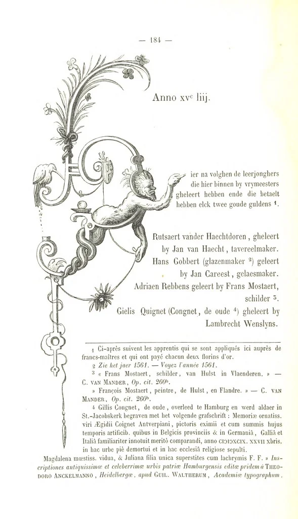 An illustration from De Liggeren en andere historische archieven der Antwerpsche Sint-Lucasgilde onder zinspreuk: “Wt Ionsten Versaemt,” afgeschreven en bewerkt door Ph. Rambouts en Th. van Lerius ... Les Liggeren et autres archives historiques, etc, 1864, leaf 208