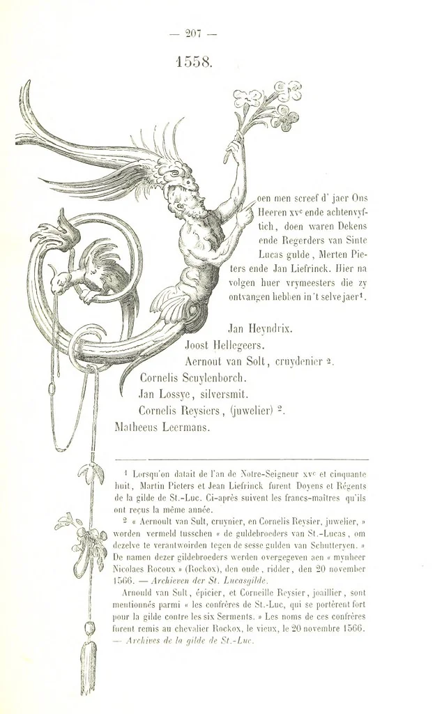 An illustration from De Liggeren en andere historische archieven der Antwerpsche Sint-Lucasgilde onder zinspreuk: “Wt Ionsten Versaemt,” afgeschreven en bewerkt door Ph. Rambouts en Th. van Lerius ... Les Liggeren et autres archives historiques, etc, 1864, leaf 231