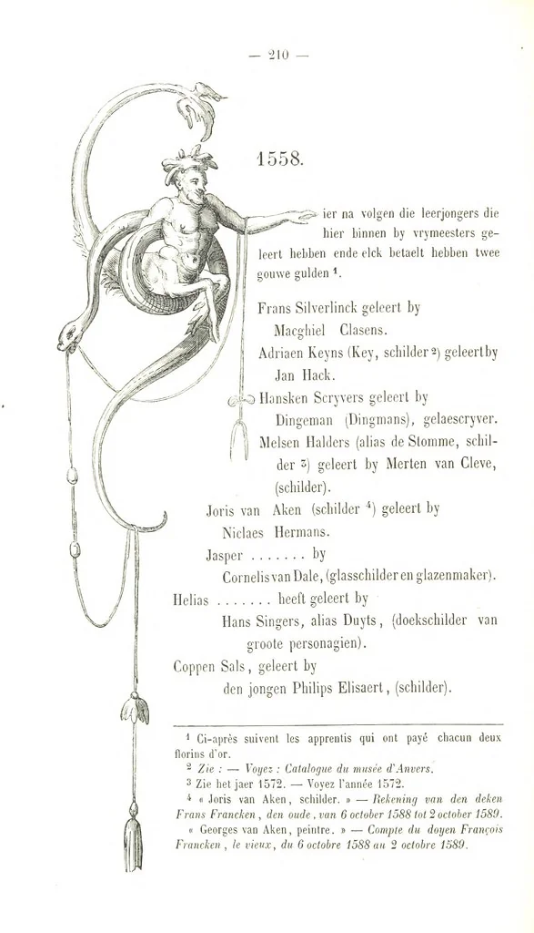 An illustration from De Liggeren en andere historische archieven der Antwerpsche Sint-Lucasgilde onder zinspreuk: “Wt Ionsten Versaemt,” afgeschreven en bewerkt door Ph. Rambouts en Th. van Lerius ... Les Liggeren et autres archives historiques, etc, 1864, leaf 234