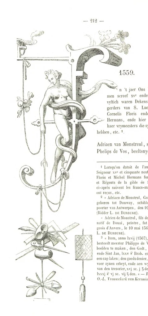 An illustration from De Liggeren en andere historische archieven der Antwerpsche Sint-Lucasgilde onder zinspreuk: “Wt Ionsten Versaemt,” afgeschreven en bewerkt door Ph. Rambouts en Th. van Lerius ... Les Liggeren et autres archives historiques, etc, 1864, leaf 236