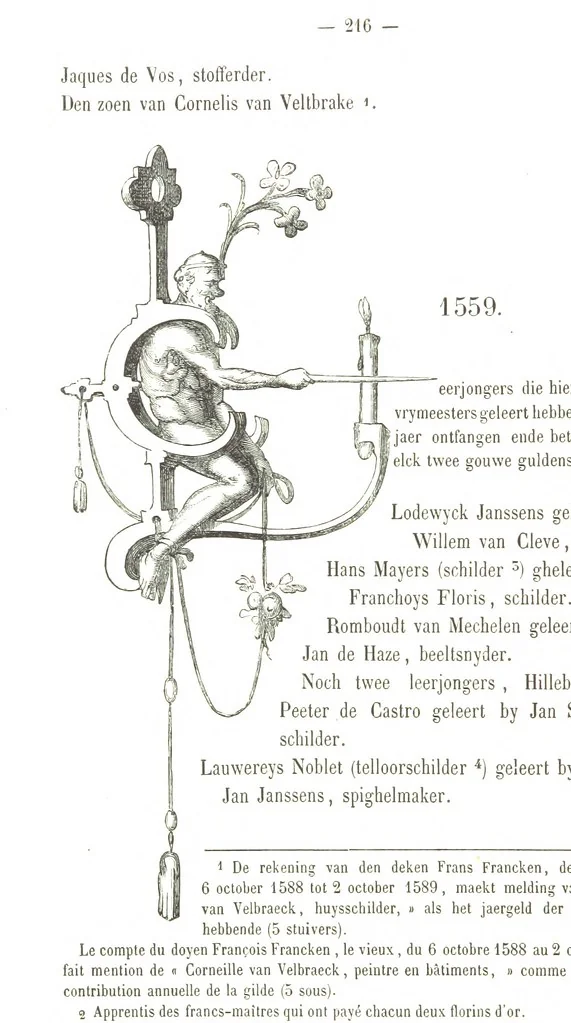 An illustration from De Liggeren en andere historische archieven der Antwerpsche Sint-Lucasgilde onder zinspreuk: “Wt Ionsten Versaemt,” afgeschreven en bewerkt door Ph. Rambouts en Th. van Lerius ... Les Liggeren et autres archives historiques, etc, 1864, leaf 240