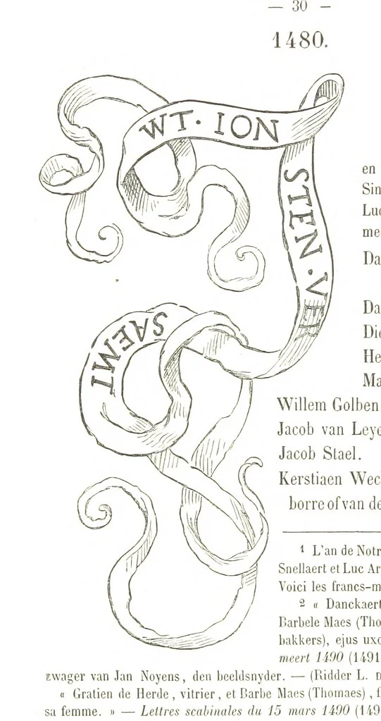 An illustration from De Liggeren en andere historische archieven der Antwerpsche Sint-Lucasgilde onder zinspreuk: “Wt Ionsten Versaemt,” afgeschreven en bewerkt door Ph. Rambouts en Th. van Lerius ... Les Liggeren et autres archives historiques, etc, 1864, leaf 54