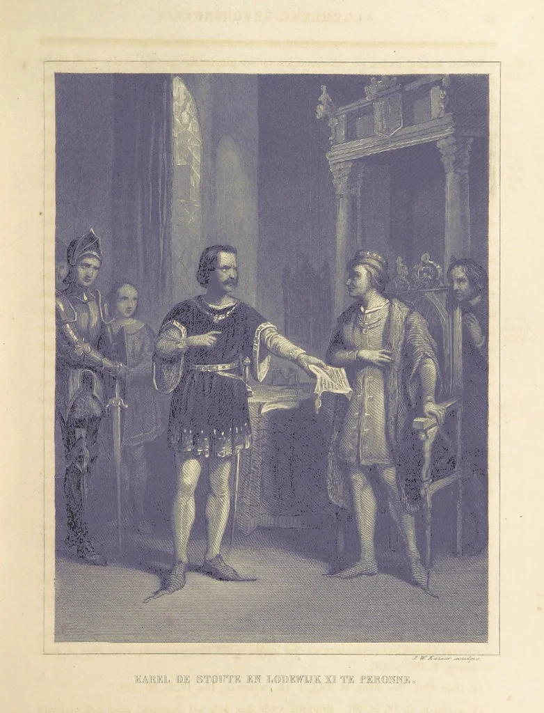 An illustration from Algemeene geschiedenis der Vaderlands, van de vroegste tijden tot op heden. (dl. 3. stuk 2. Voortgezet door Mr. O. van Rees. dl. 3. stuk 3-5. Voortgezet door Mr. O. van Rees en Dr. W. G. Brill. dl. 4, 5. Voortgezet door Dr. J. van Vloten.) dl. 1-dl. 5. stuk 1, 1840, leaf 77