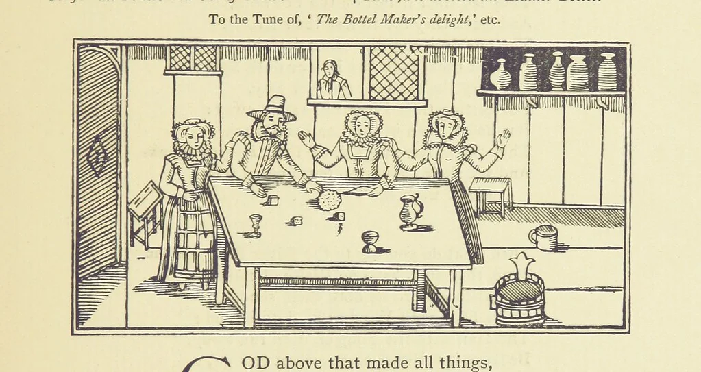 An illustration from A Century of Ballads ... Edited, and illustrated in facsimile of the originals, by J. Ashton, 1887, leaf 209