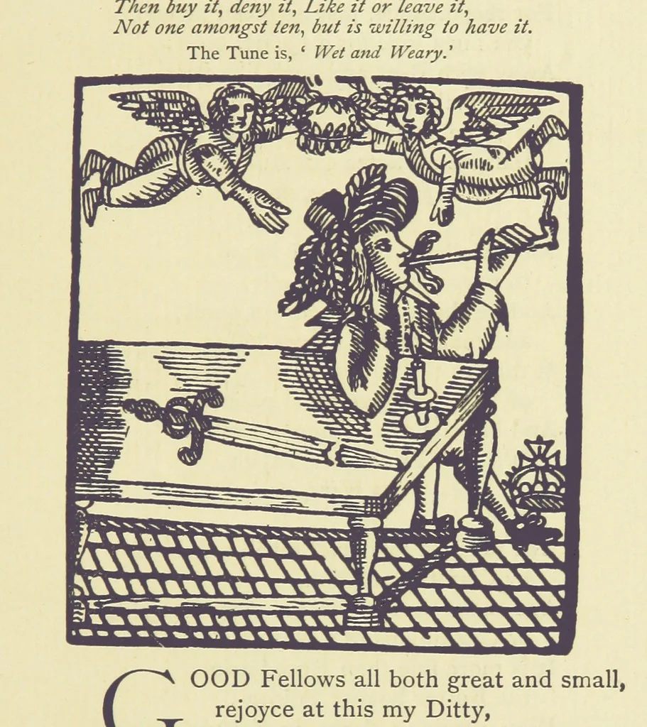 An illustration from A Century of Ballads ... Edited, and illustrated in facsimile of the originals, by J. Ashton, 1887, leaf 213