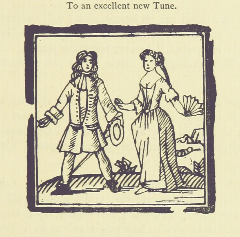 An illustration from A Century of Ballads ... Edited, and illustrated in facsimile of the originals, by J. Ashton, 1887, leaf 59