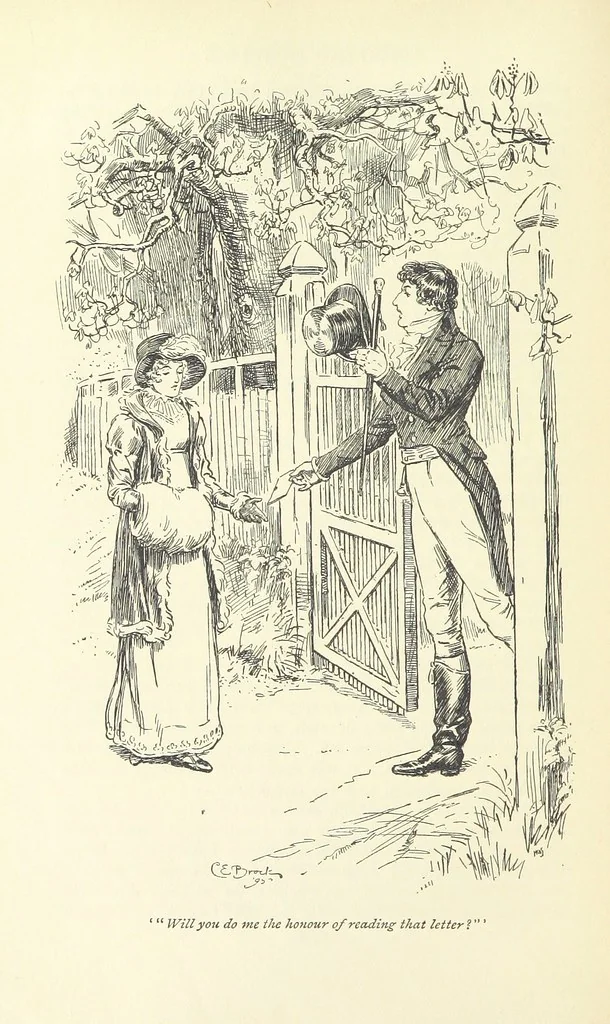 An illustration from Pride and prejudice, 1895, leaf 218
