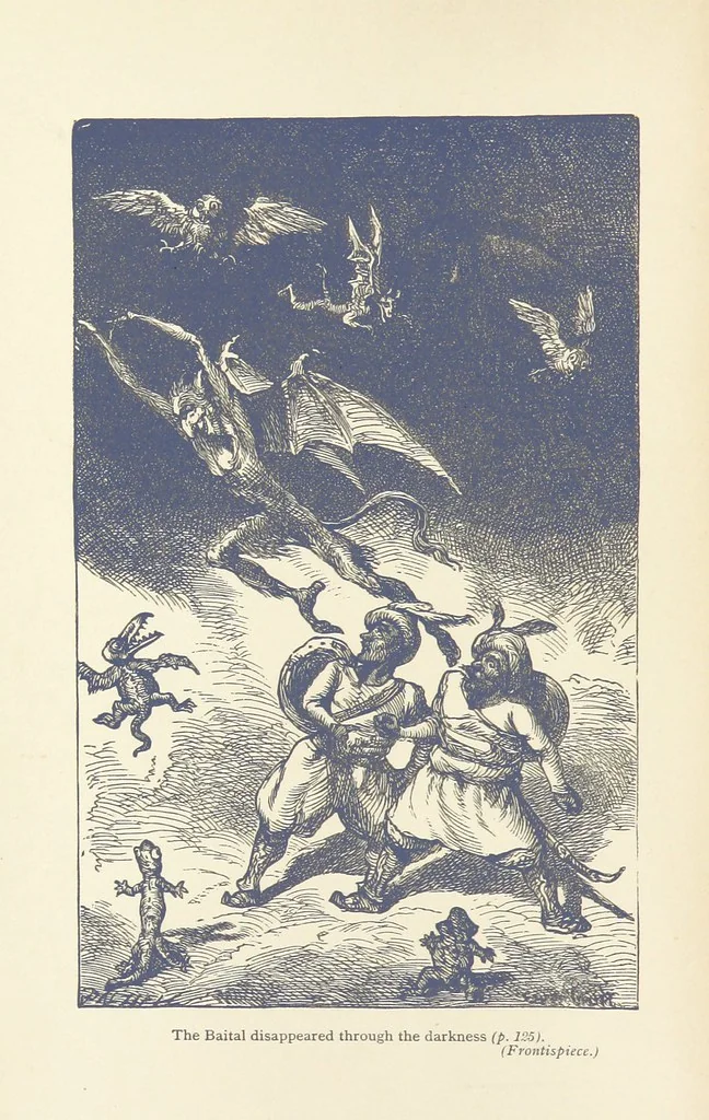 An illustration from Vikram and Vampire; or, Tales of Hindu devilry. Adapted by Captain Sir Richard F. Burton [from the Baitāl-Pachīsī] ... Edited by his wife, Isabel Burton ... With thirty-three illustrations by Ernest Griset, 1893, leaf 10