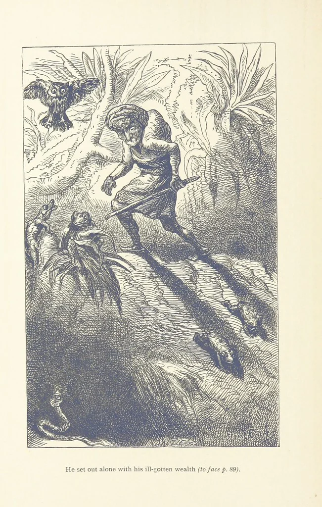 An illustration from Vikram and Vampire; or, Tales of Hindu devilry. Adapted by Captain Sir Richard F. Burton [from the Baitāl-Pachīsī] ... Edited by his wife, Isabel Burton ... With thirty-three illustrations by Ernest Griset, 1893, leaf 126