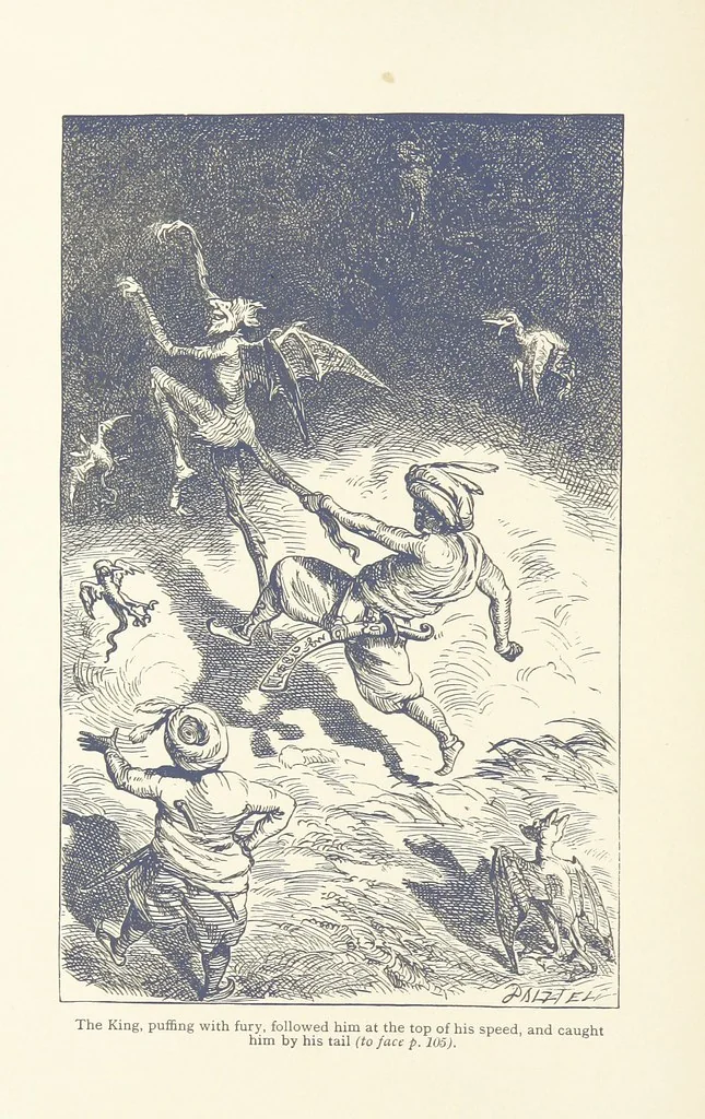 An illustration from Vikram and Vampire; or, Tales of Hindu devilry. Adapted by Captain Sir Richard F. Burton [from the Baitāl-Pachīsī] ... Edited by his wife, Isabel Burton ... With thirty-three illustrations by Ernest Griset, 1893, leaf 144