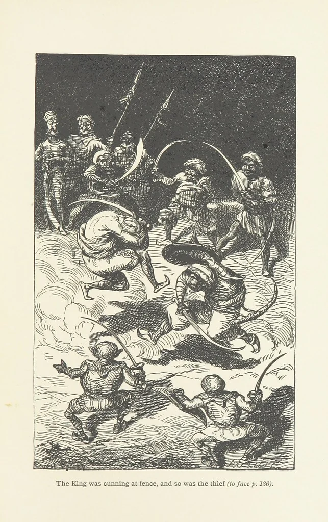 An illustration from Vikram and Vampire; or, Tales of Hindu devilry. Adapted by Captain Sir Richard F. Burton [from the Baitāl-Pachīsī] ... Edited by his wife, Isabel Burton ... With thirty-three illustrations by Ernest Griset, 1893, leaf 181