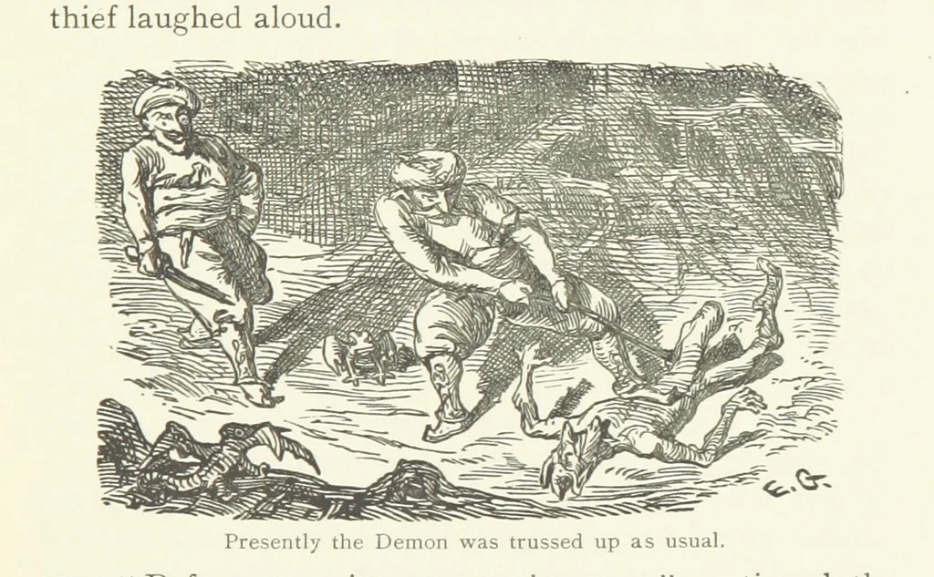 An illustration from Vikram and Vampire; or, Tales of Hindu devilry. Adapted by Captain Sir Richard F. Burton [from the Baitāl-Pachīsī] ... Edited by his wife, Isabel Burton ... With thirty-three illustrations by Ernest Griset, 1893, leaf 189