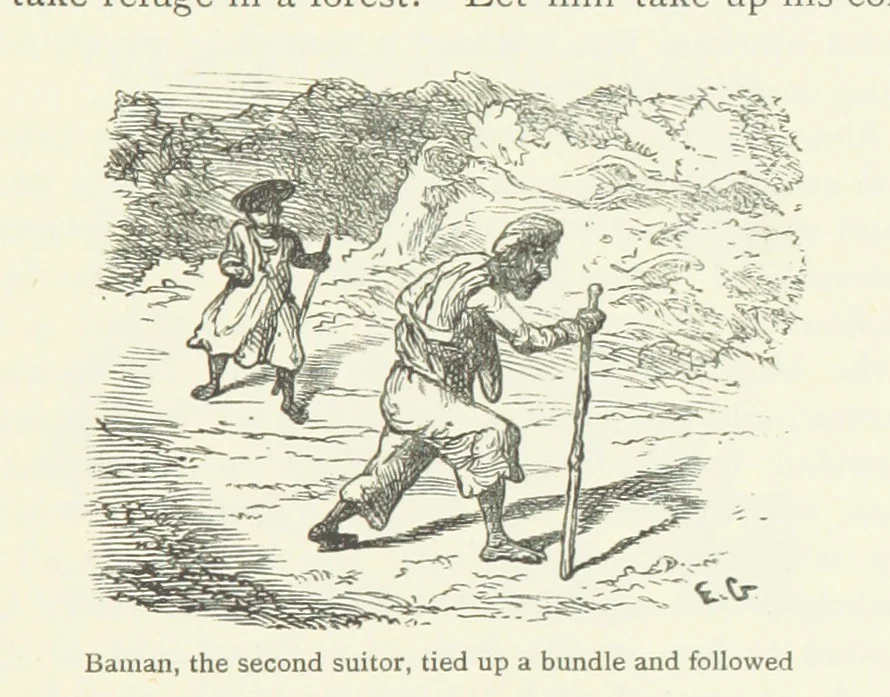 An illustration from Vikram and Vampire; or, Tales of Hindu devilry. Adapted by Captain Sir Richard F. Burton [from the Baitāl-Pachīsī] ... Edited by his wife, Isabel Burton ... With thirty-three illustrations by Ernest Griset, 1893, leaf 197