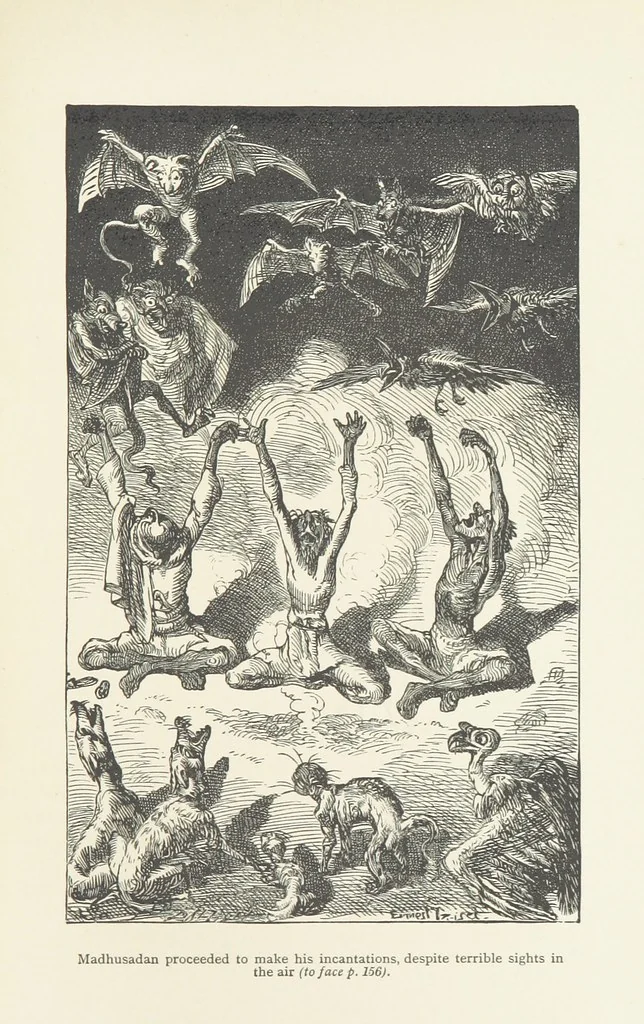 An illustration from Vikram and Vampire; or, Tales of Hindu devilry. Adapted by Captain Sir Richard F. Burton [from the Baitāl-Pachīsī] ... Edited by his wife, Isabel Burton ... With thirty-three illustrations by Ernest Griset, 1893, leaf 205