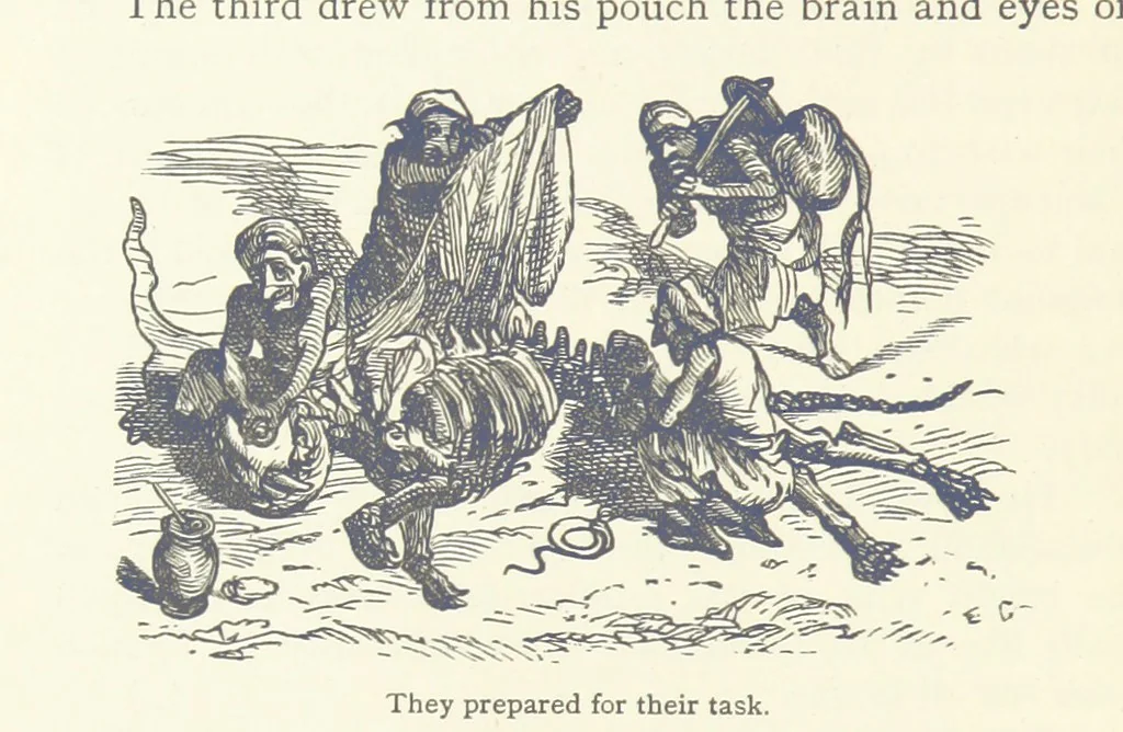 An illustration from Vikram and Vampire; or, Tales of Hindu devilry. Adapted by Captain Sir Richard F. Burton [from the Baitāl-Pachīsī] ... Edited by his wife, Isabel Burton ... With thirty-three illustrations by Ernest Griset, 1893, leaf 232